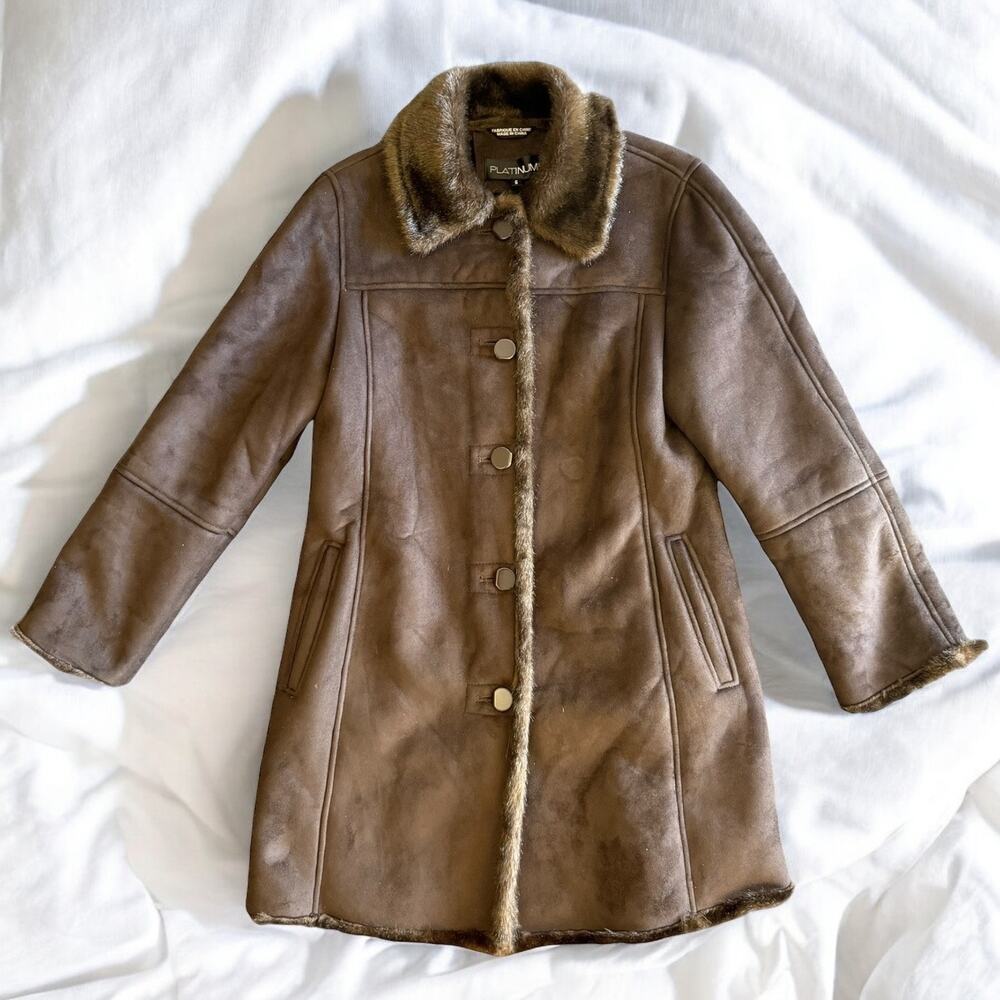 Women's Brown Suede and Faux Fur Lined Pea Coat Jacket by PLATINUM